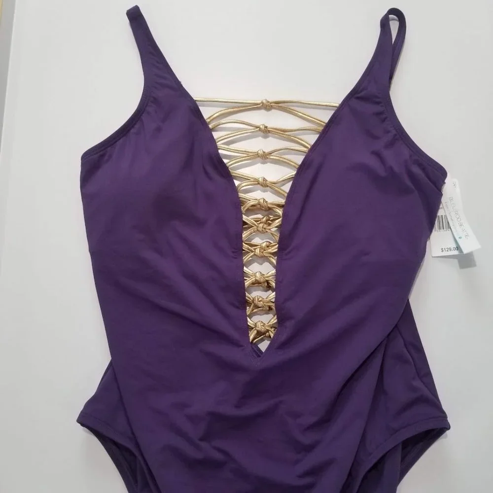 Bleu by Rod Beattie Kore One Piece High Neck Lace Down Swimsuit Purple Size 16W - Picture 7 of 13